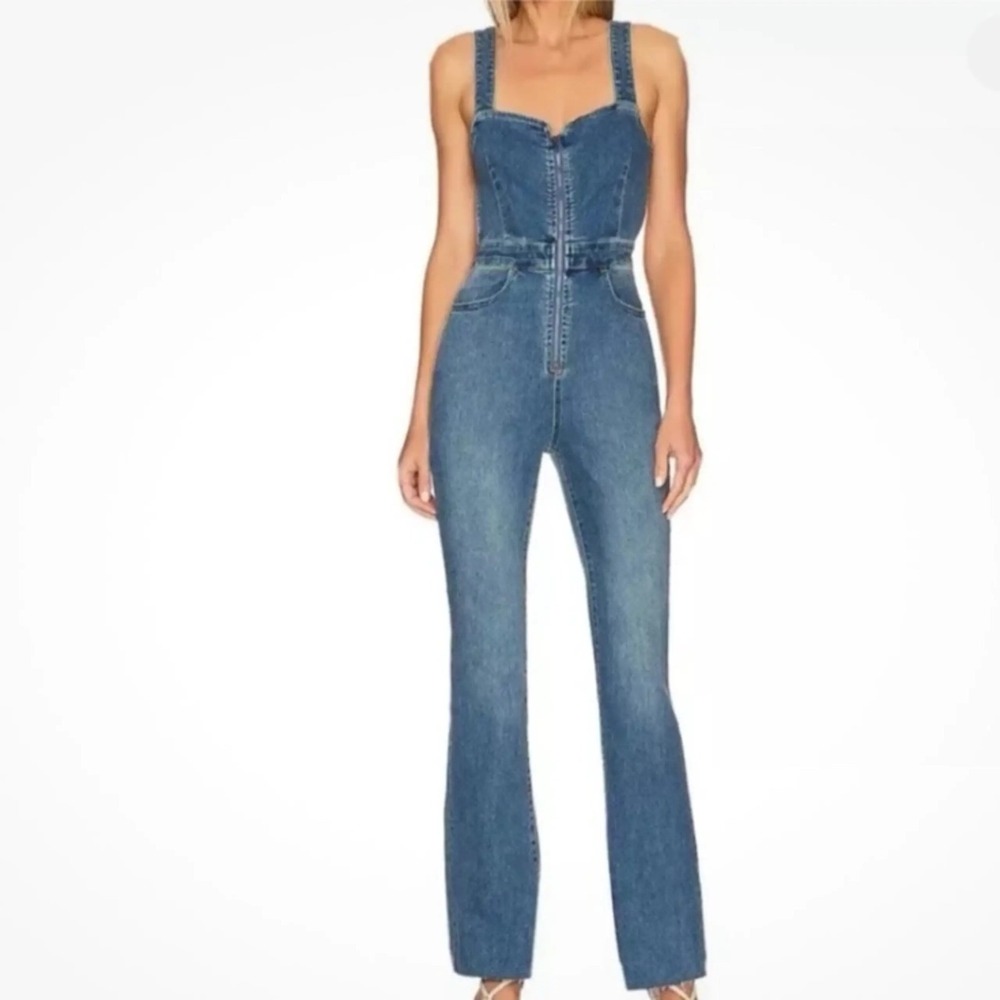 We The Free People Denim Jumpsuit Size 4 Flare Raw Hem Western Boho Hippie
